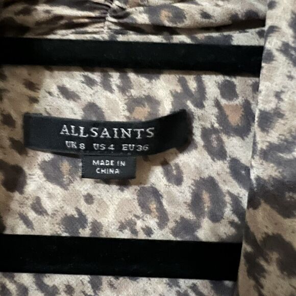 AllSaints Cancity Patch Ruched Wrap Dress US Sz 4 Leopard Print Chiffon - Picture 4 of 9